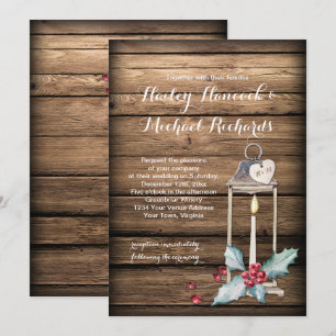 Rustic Antique Lantern Holly Christmas Wedding Invitation