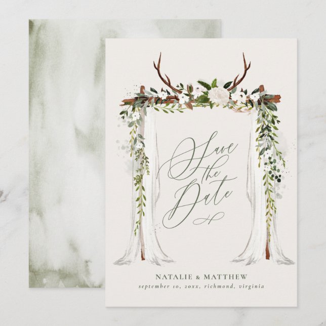 Rustic antler and foliage canopy wedding save the date (Front/Back)