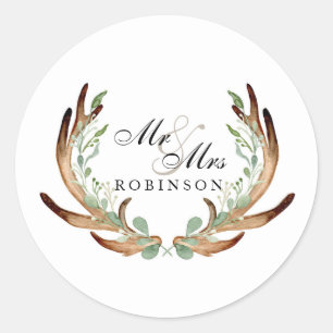 Rustic Antler and Vine Watercolor Mr & Mrs Classic Round Sticker
