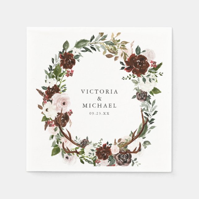 Rustic Antler Country Boho Floral Monogram Napkin (Front)