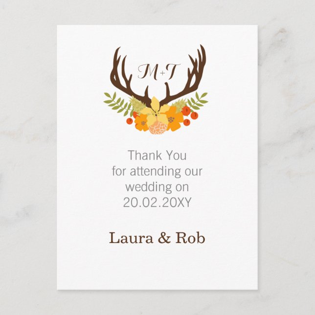 Rustic Antler Deer Floral Woodland Wedding Postcard (Front)