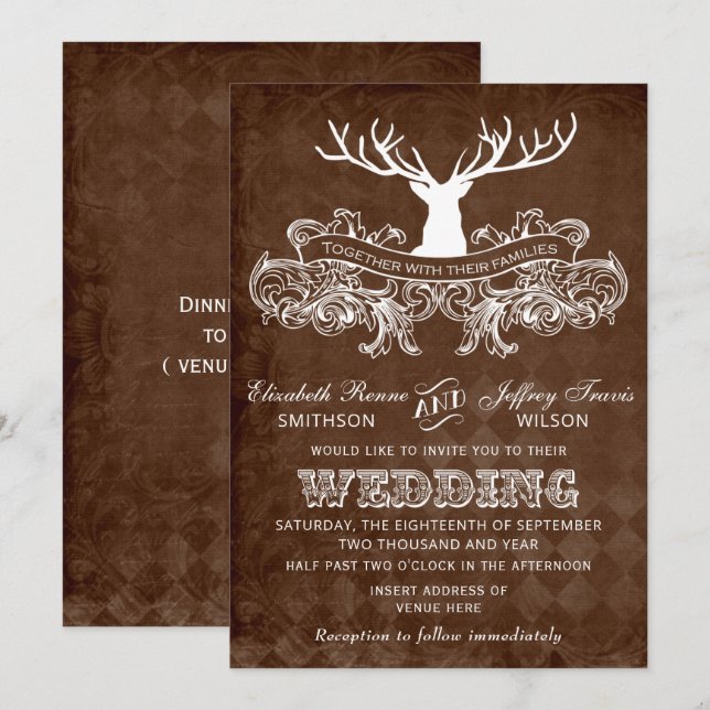 Rustic Antler Deer Winter Woodland wedding Invitation (Front/Back)