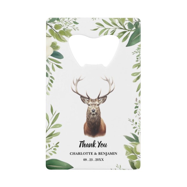 Rustic Antler Floral Frame Wedding Favour Credit Card Bottle Opener (Front)