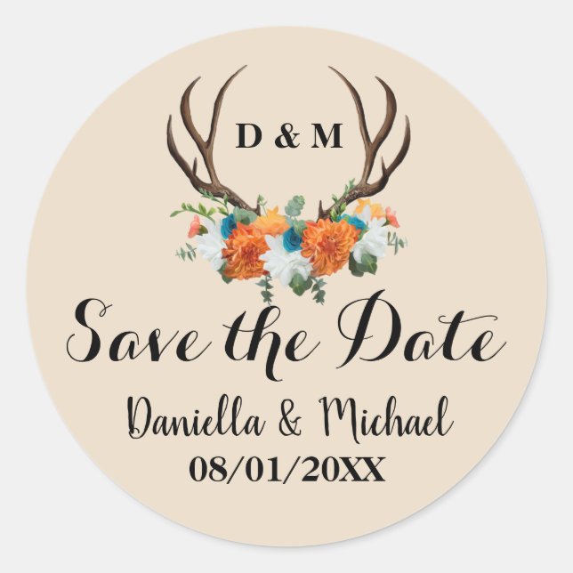 Rustic Antler Floral Wedding Save the Date Classic Round Sticker (Front)