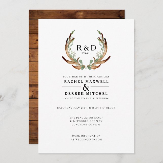 Rustic Antler Watercolor | Simple Wedding Invitation (Front/Back)
