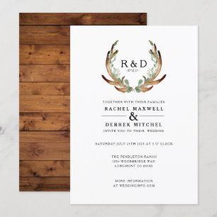 Rustic Antler Watercolor Simple Wedding Invitation