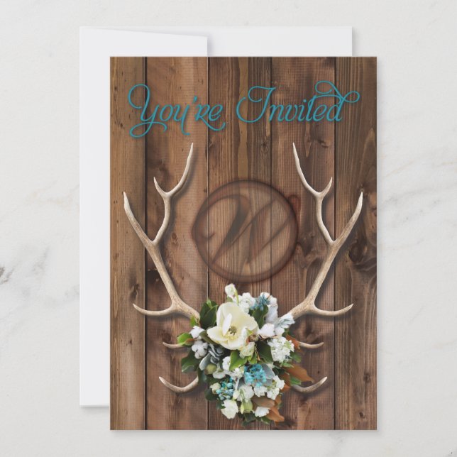 rustic antler wedding Invitation with Magnolia (Front)
