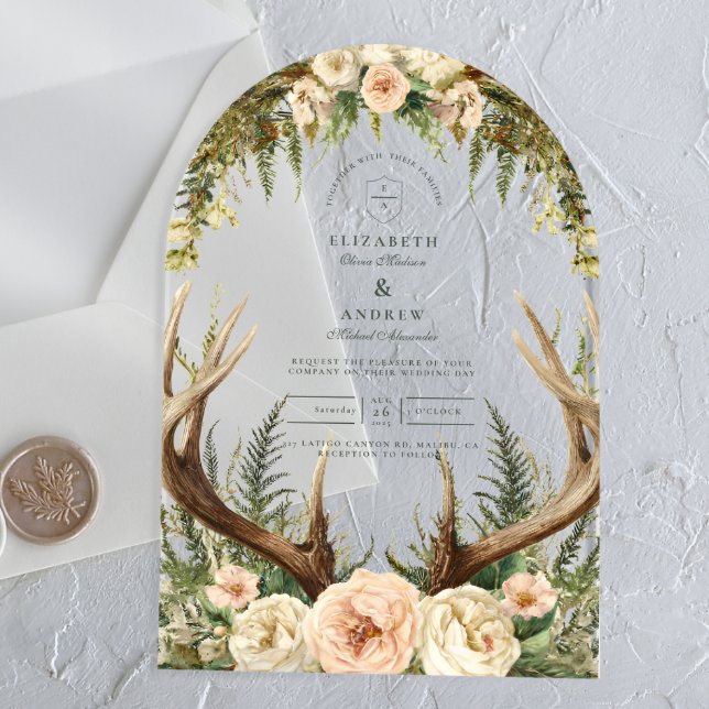 Rustic Antler Woodland Floral Wedding Acrylic Invitations (Creator Uploaded)