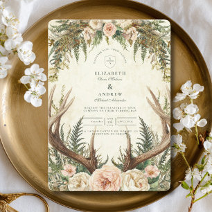 Rustic Antler Woodland Floral Wedding Invitation