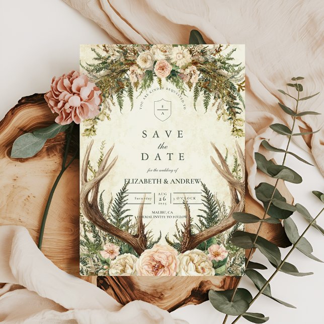 Rustic Antler Woodland Floral Wedding Save The Date (Creator Uploaded)