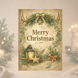 Rustic Antler Wreath Merry Christmas Holiday Card