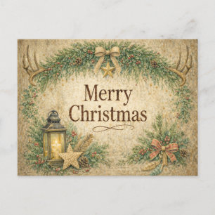 Rustic Antler Wreath Merry Christmas  Holiday Postcard