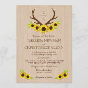 Rustic Antlers and Sunflowers Wedding Invitation