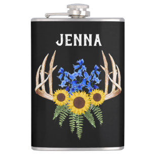 Rustic Antlers Bluebells and Sunflowers Hip Flask