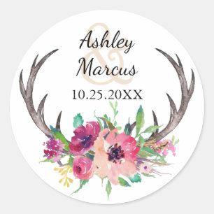 Rustic Antlers Boho Floral Allure Wedding Classic Round Sticker