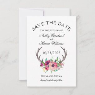 Rustic Antlers Boho Floral Photo Save the Date