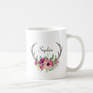Rustic Antlers Boho Floral with Monogram Coffee Mug