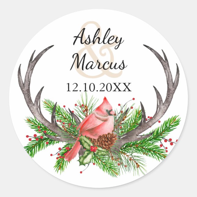Rustic Antlers Boho Woodland Winter Classic Round Sticker (Front)