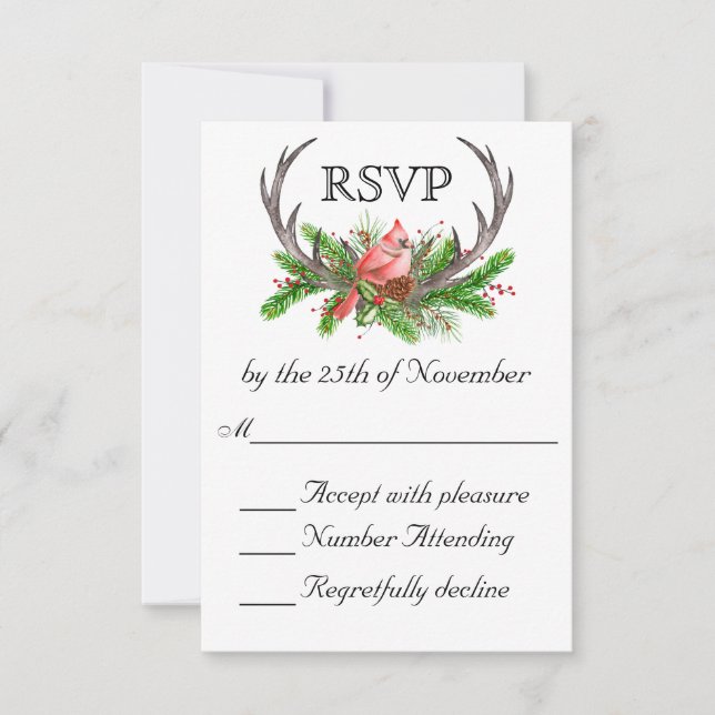 Rustic Antlers Boho Woodland Winter Wedding RSVP (Front)