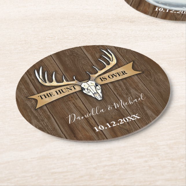Rustic Antlers Deer Skull Wedding Round Paper Coaster (Angled)