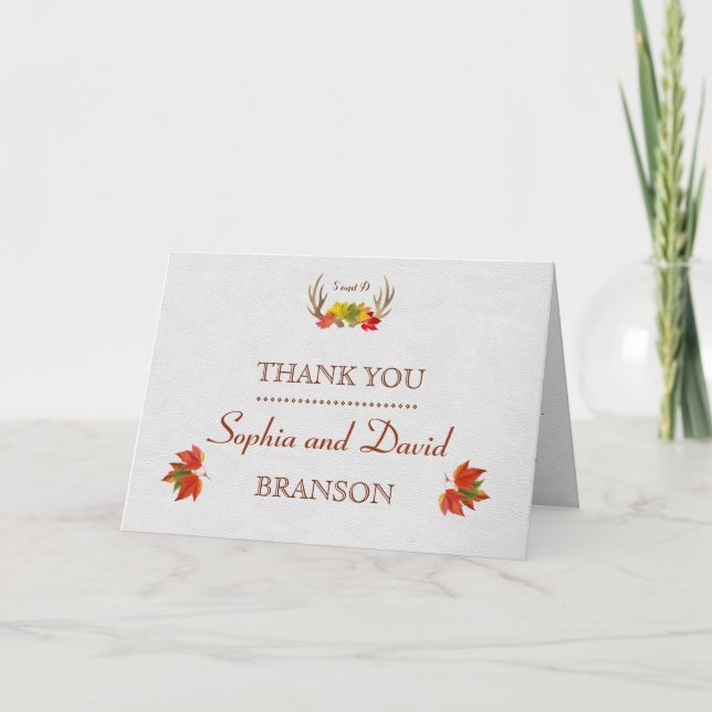 Rustic Antlers Fall Leaves Boho Wedding THANK YOU (Front)