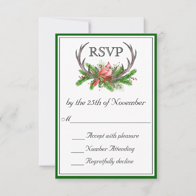 Rustic Antlers Green Edge Wedding RSVP Card (Front)
