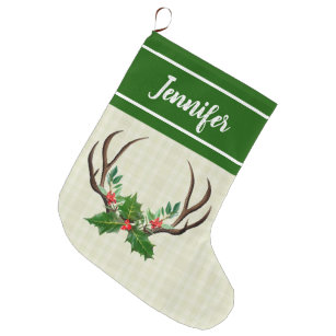 Rustic Antlers Green Holly and Red Berries Large Christmas Stocking