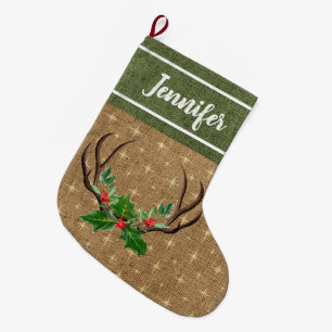 Rustic Antlers Green Holly and Red Berries Large Christmas Stocking