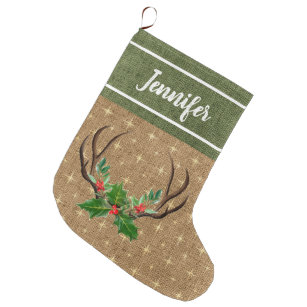 Rustic Antlers Green Holly and Red Berries Large Christmas Stocking