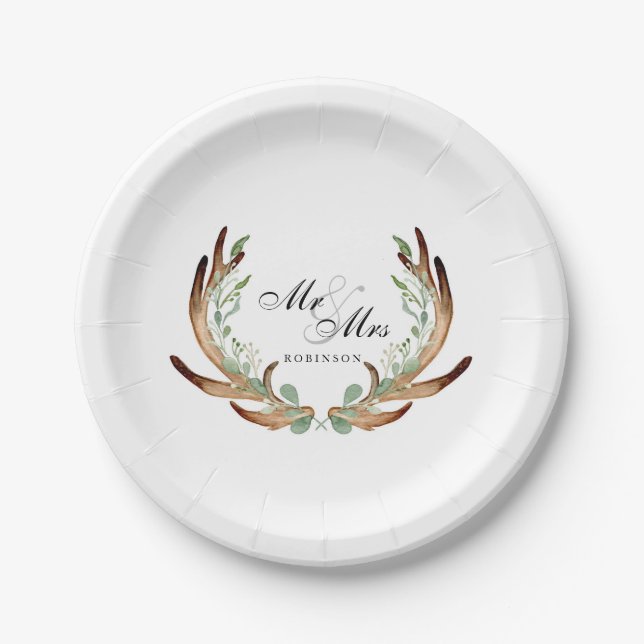 Rustic Antlers & Greenery | Watercolor Mr & Mrs Paper Plate (Front)