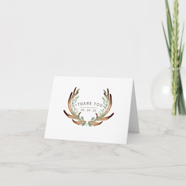 Rustic Antlers & Greenery Watercolor Wedding Card (Front)