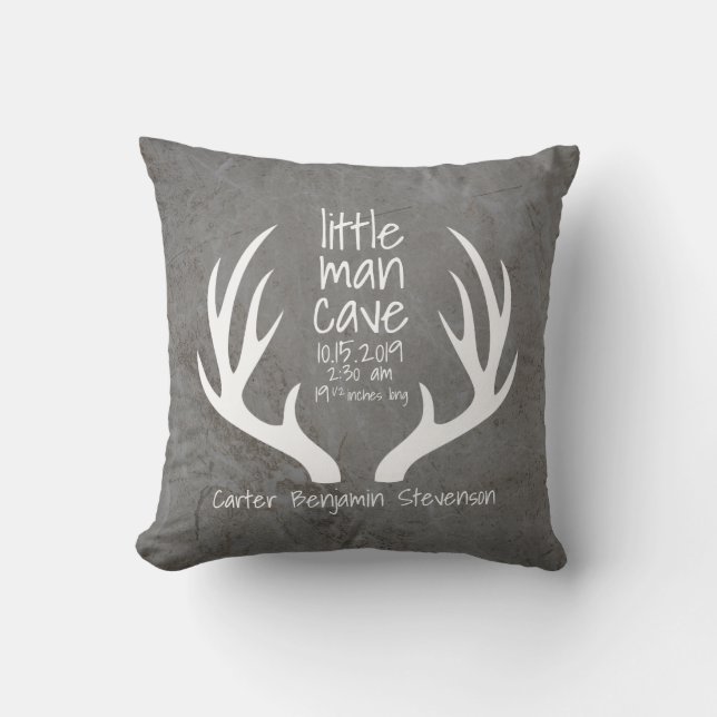 Rustic Antlers Little Man Cave Birth Stats Nursery Throw Pillow (Front)