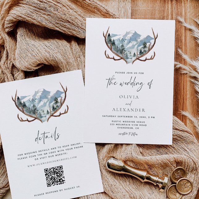 Rustic Antlers Mountain Wedding QR Code Invitation (Creator Uploaded)