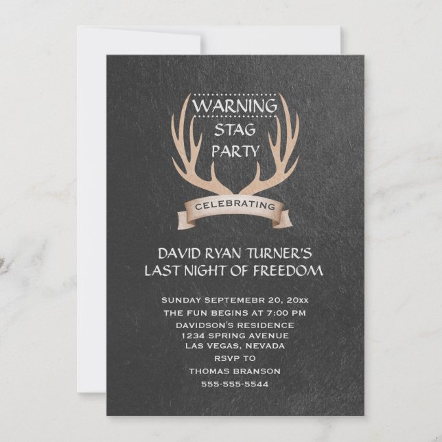 Rustic Antlers Ribbon Chalk Stag Party Invite (Front)