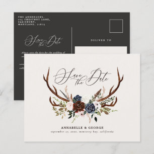 Rustic antlers script navy burgundy floral wedding announcement postcard