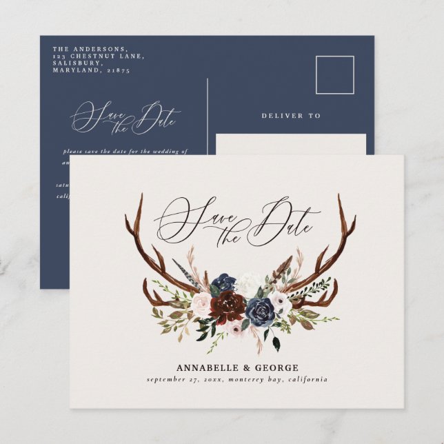 Rustic antlers script navy burgundy floral wedding announcement postcard (Front/Back)