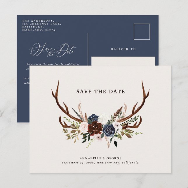 Rustic antlers script navy burgundy floral wedding announcement postcard (Front/Back)