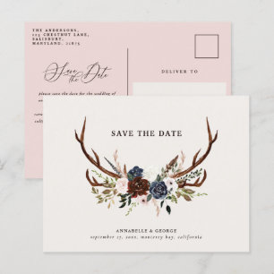 Rustic antlers script navy burgundy floral wedding announcement postcard
