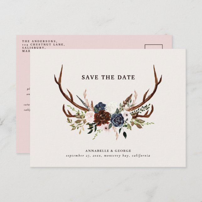 Rustic antlers script navy burgundy floral wedding announcement postcard (Front/Back)