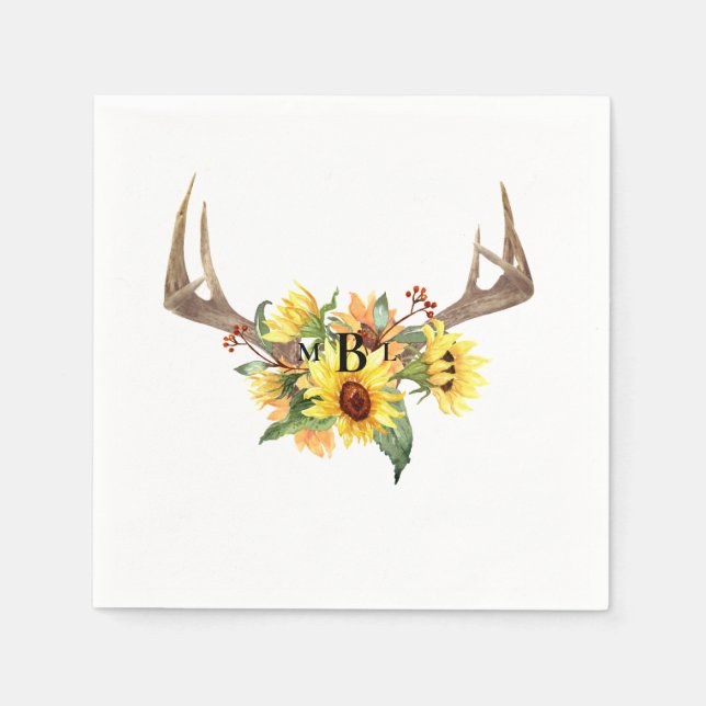 Rustic Antlers Sunflower Monogram Wedding Cocktail Napkin (Front)