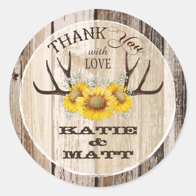 Rustic Antlers Sunflowers Country Wedding Classic Round Sticker (Front)