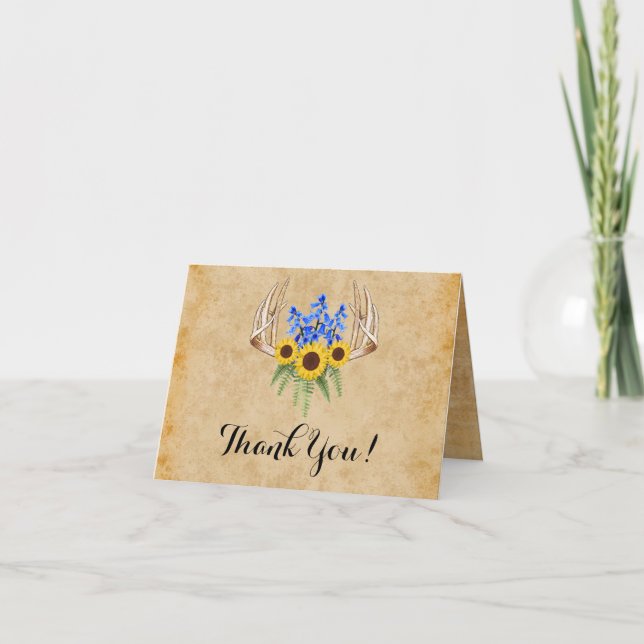 Rustic Antlers & Sunflowers Wedding Thank You (Front)