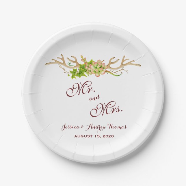 Rustic Antlers & Wildflowers Wedding Paper Plate (Front)