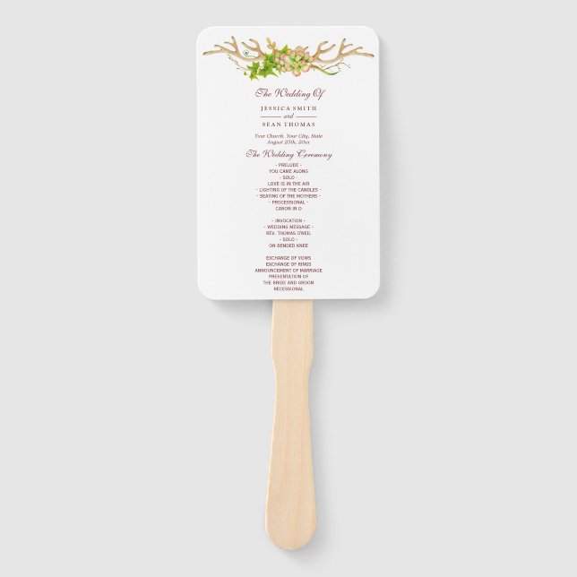 Rustic Antlers & Wildflowers Wedding Program Hand Fan (Front)