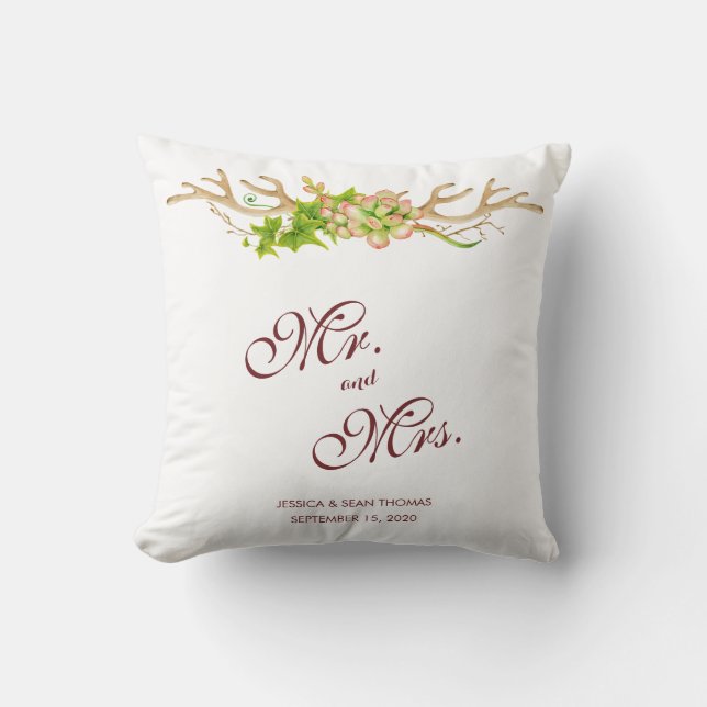 Rustic Antlers & Wildflowers Wedding Throw Pillow (Front)