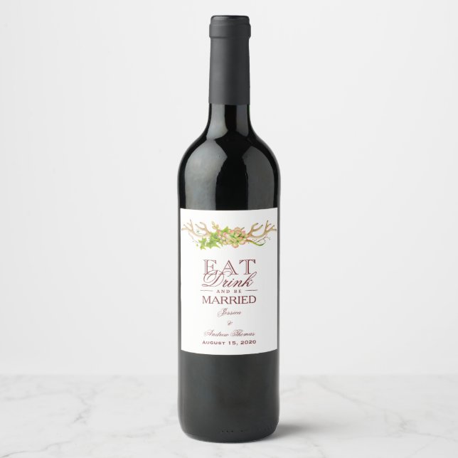 Rustic Antlers & Wildflowers Wedding Wine Label (Front)