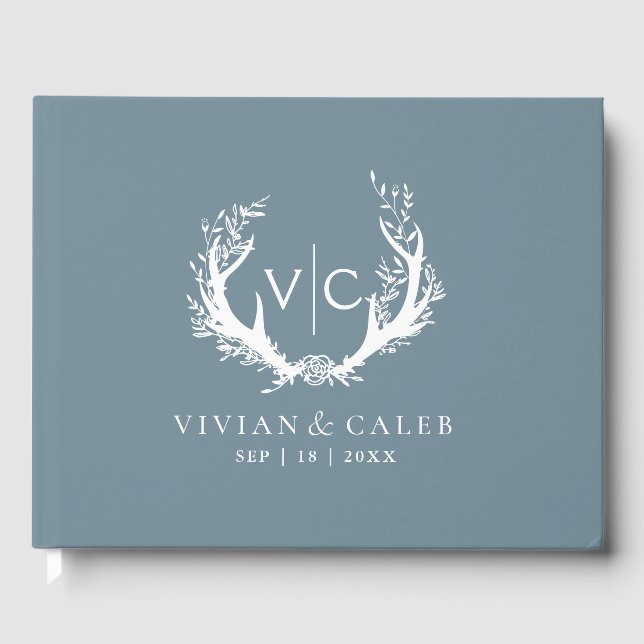 Rustic Antlers with Floral Wreath | Wedding Guest Book (Front)