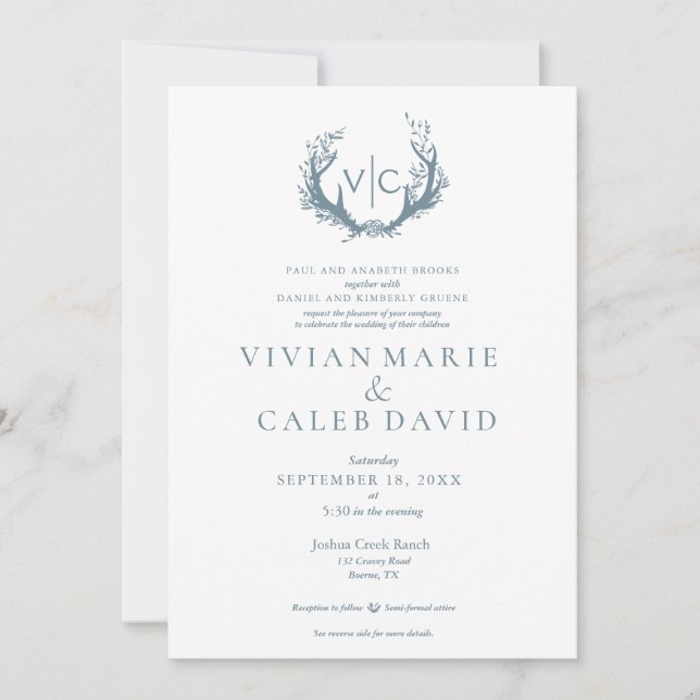 Rustic Antlers with Floral Wreath | Wedding Invitation (Front)