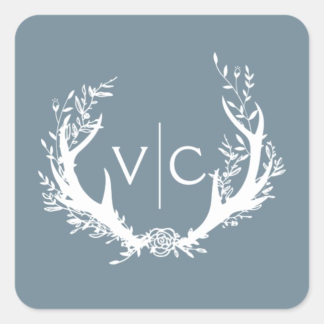 Rustic Antlers with Floral Wreath | Wedding Square Sticker (Front)