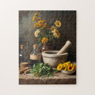 Rustic Apothecary Still Life with Herbs and Flower Jigsaw Puzzle